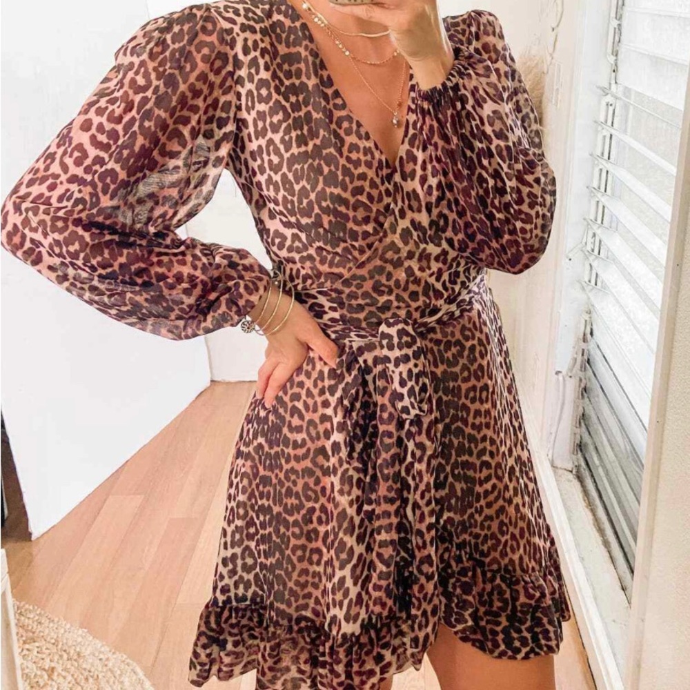 Ganni Mesh Cheetah Wrap Dress
